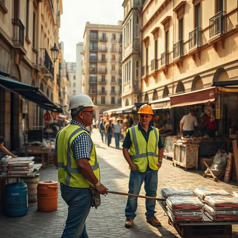 Trabajadores de la construcción y vendedores en una plaza del interior de Uruguay