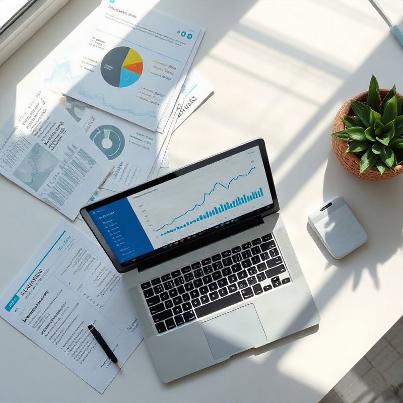 Vista cenital de informes económicos impresos junto a un panel de datos en un escritorio limpio